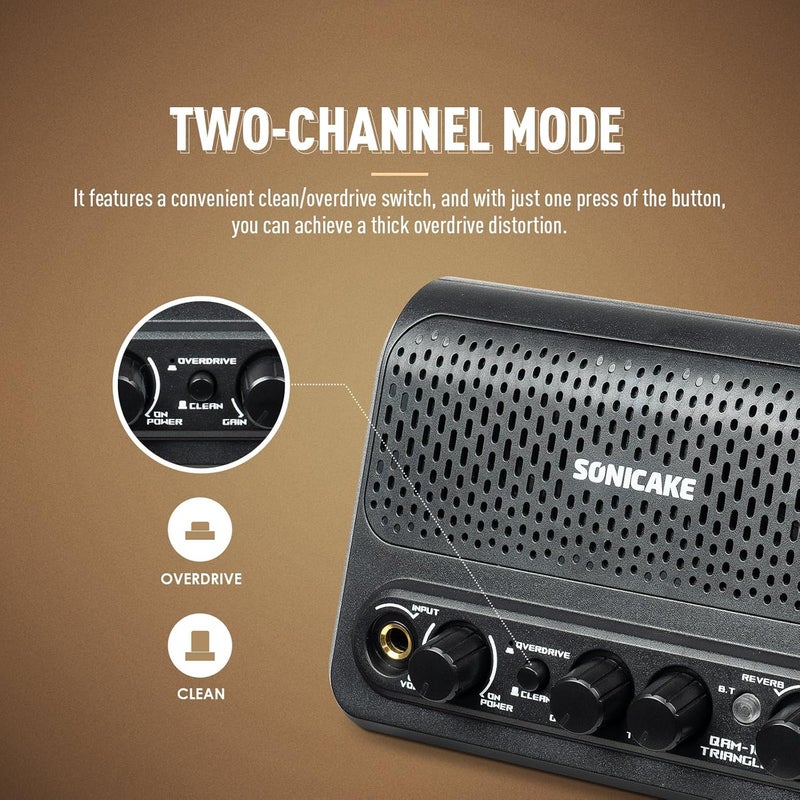 SONICAKE 10W Mini Guitar Amp, Portable Guitar Combo Amplifier with Clean/Overdrive/Reverb, All-in-one Rechargeable BT Amplifier Speaker with Aux in Jack for Bedroom Practice - Triangle QAM-10 - Image 3